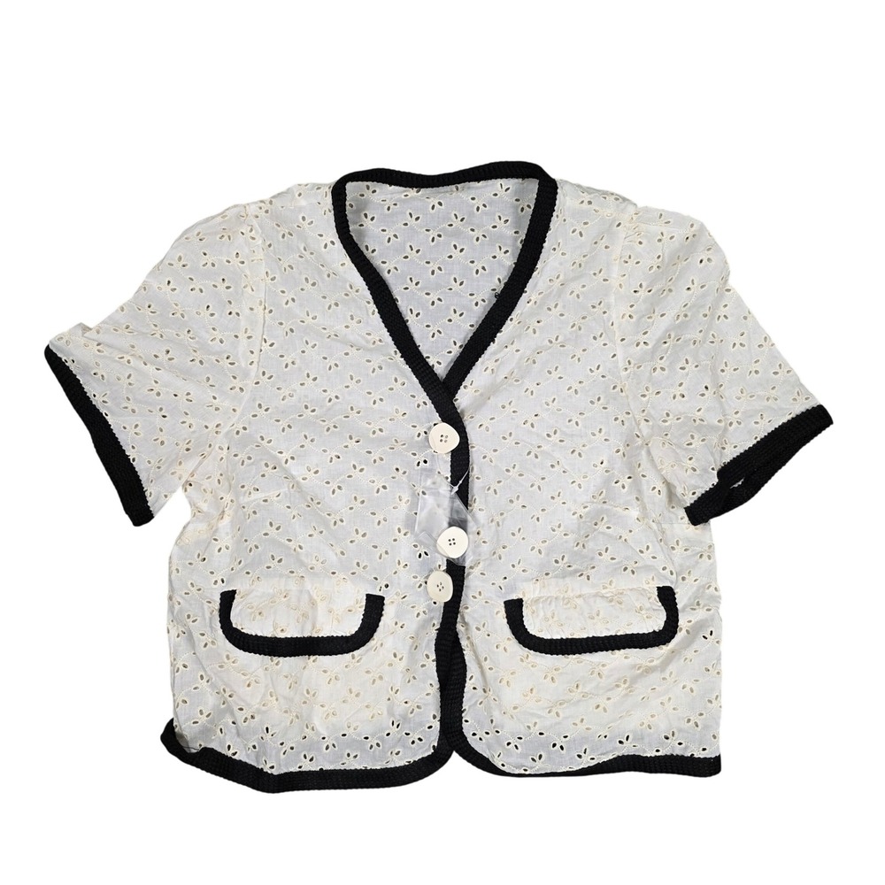 Eyelet Cropped Short Sleeve Lace Button Up Women M Ivory Black NEW Cottagecore